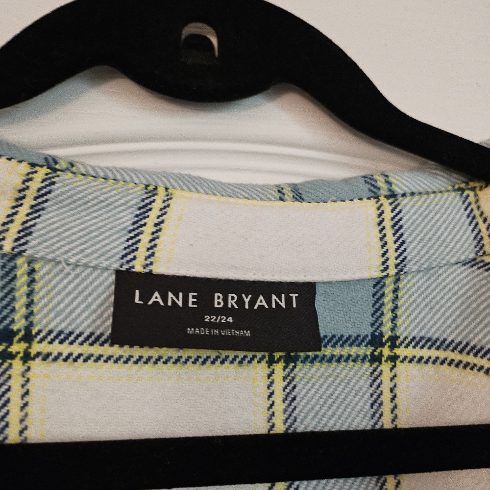 A plaid mint green and off-white shacket from Lane Bryant.